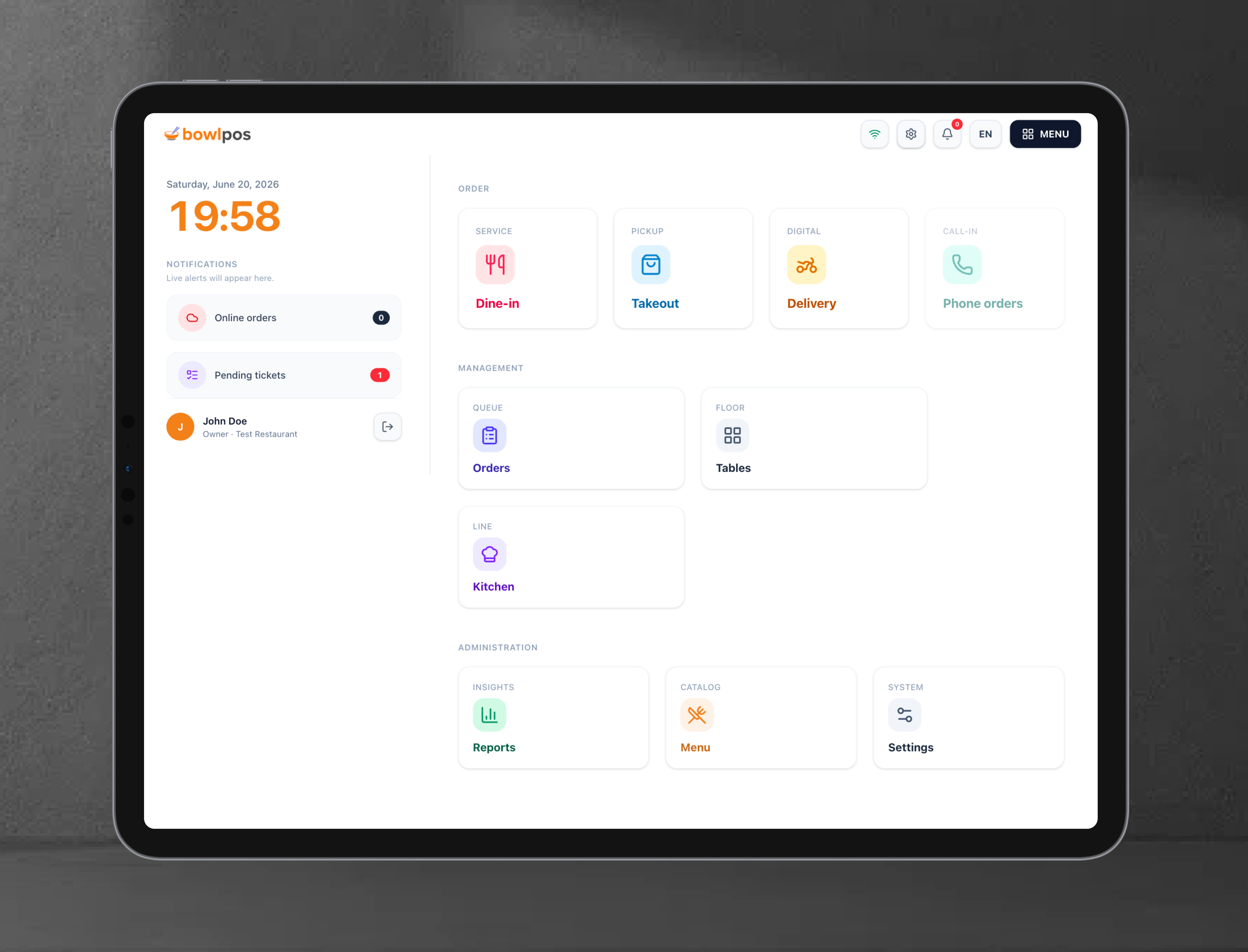 BowlPOS interface running on a tablet